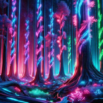 The primary subject of the image is a forest filled with colorful, glowing trees. The setting is a lush, vibrant environment with a variety of trees and foliage. The visual style is a digital art or illustration, creating a surreal and fantastical atmosphere. The colors and mood are predominantly bright and cheerful, with the glowing trees adding a sense of magic and wonder to the scene.